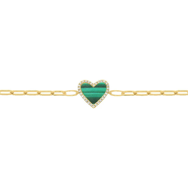 14K GOLD DIAMOND MALACHITE HAILEY HEART CHAIN BRACELET