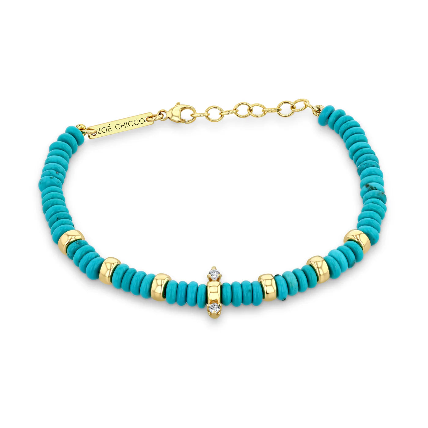 Zoe Chicco 14k Gold & Turquoise Rondelle Bead Bracelet with 2 Prong Diamonds