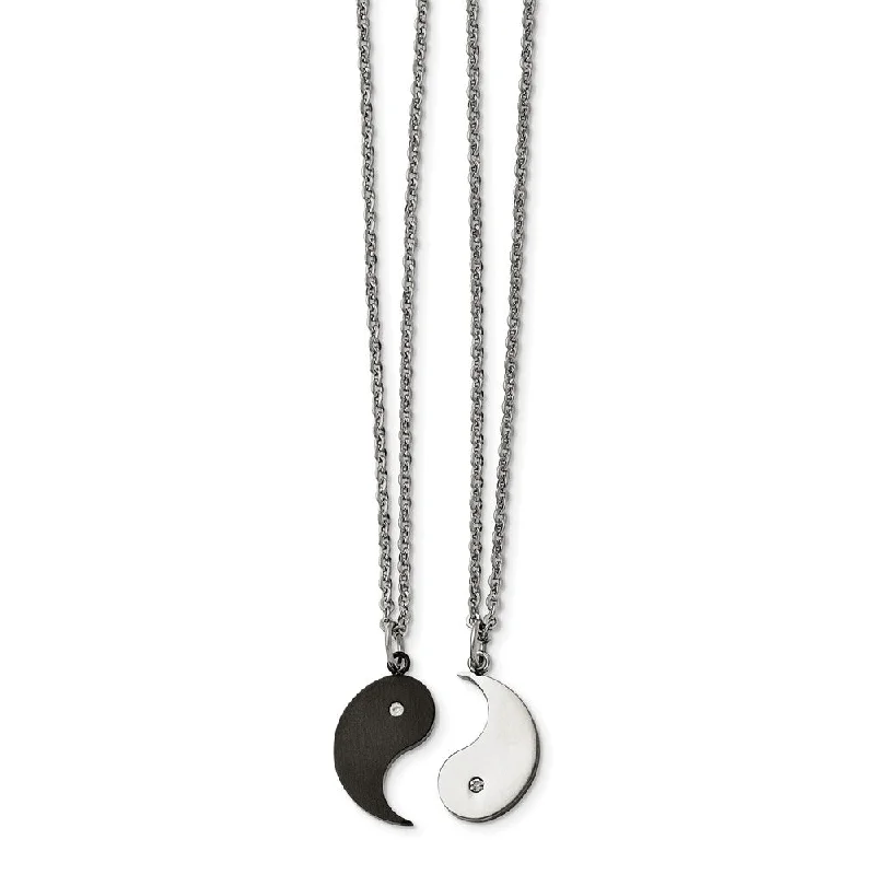 Black Plated Stainless Steel Yin Yang Necklace Set w CZ, 20 Inch