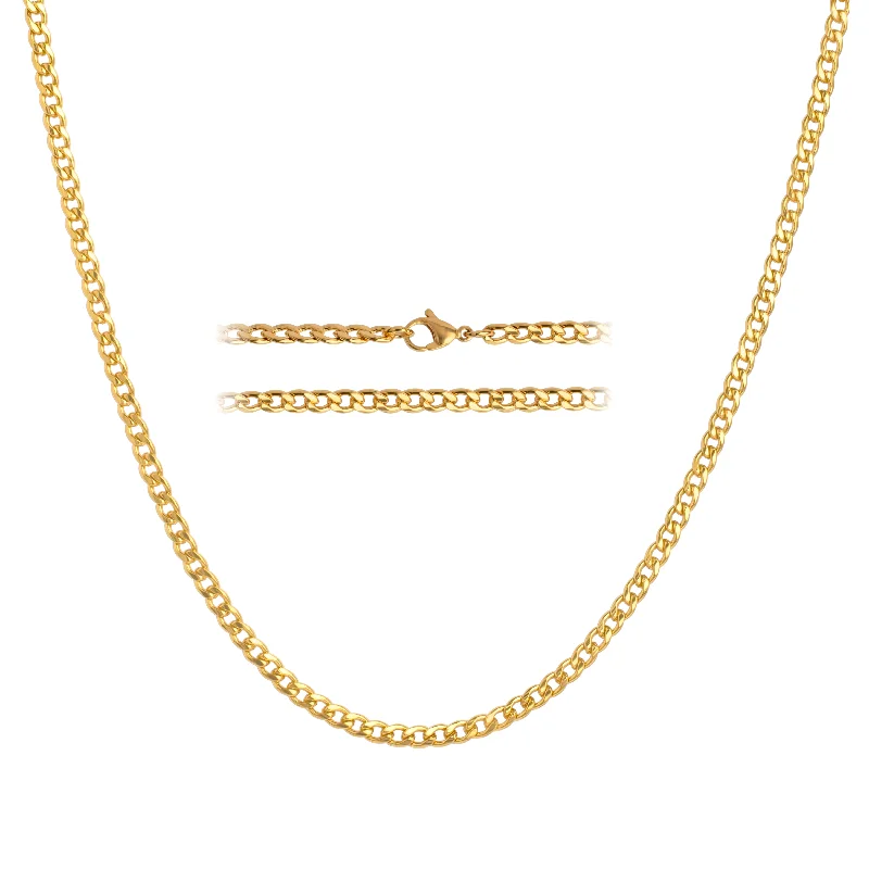 KISPER 24K Gold 5mm Stainless Steel Curb Chain Necklace w/ Lobster Clasp