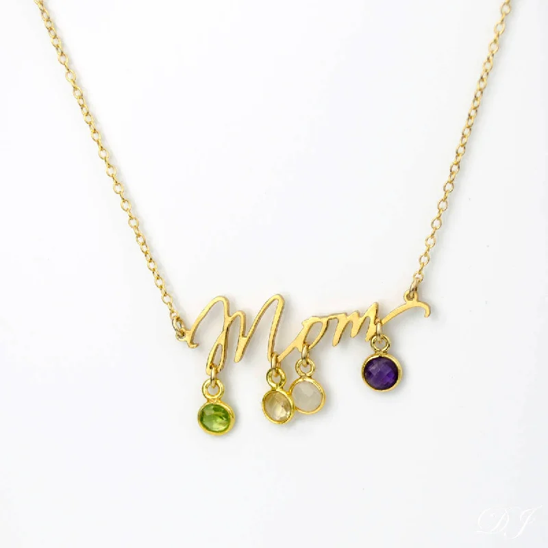 Mom Word Necklace with Tiny Kid's Birthstone Pendants