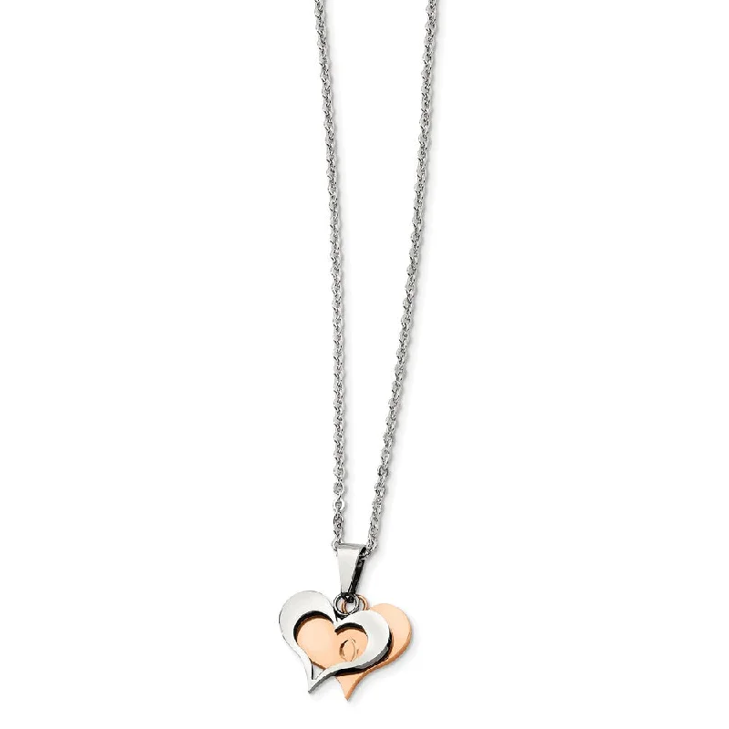 Stainless Steel and Rose Gold Tone Double Heart Necklace, 22 Inch