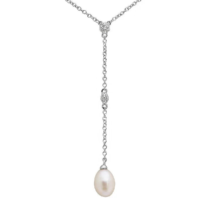 Rhodium Plated 925 Sterling Silver CZ Drop Fresh Water Pearl Necklace - BGP01138