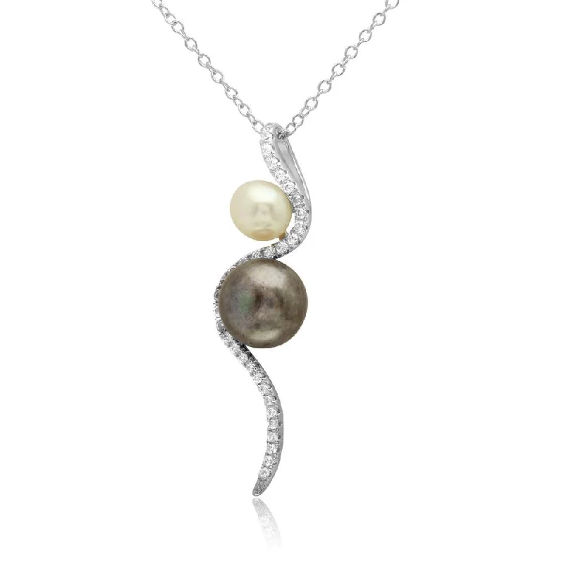 Rhodium Plated 925 Sterling Silver Fresh Water Pearl with Slanted CZ Design Necklace - BGP01222