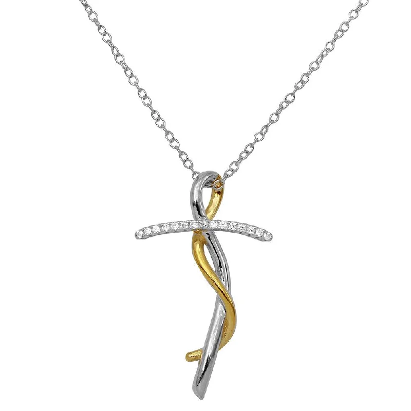 Two-Tone 925 Sterling Silver Twisted CZ Cross Necklace - BGP01154