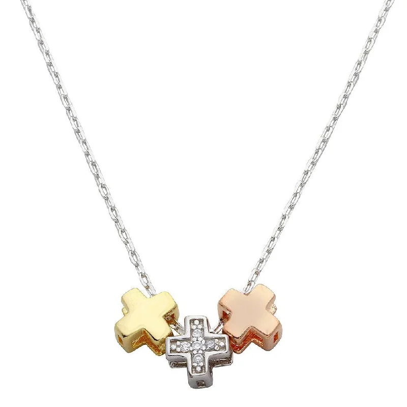 Three-Tone 925 Sterling Silver Cross Charms Necklace - STP01529