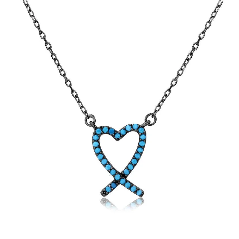 Silver 925 Black Rhodium Open Heart Necklace with Turquoise Stones - BGP01111