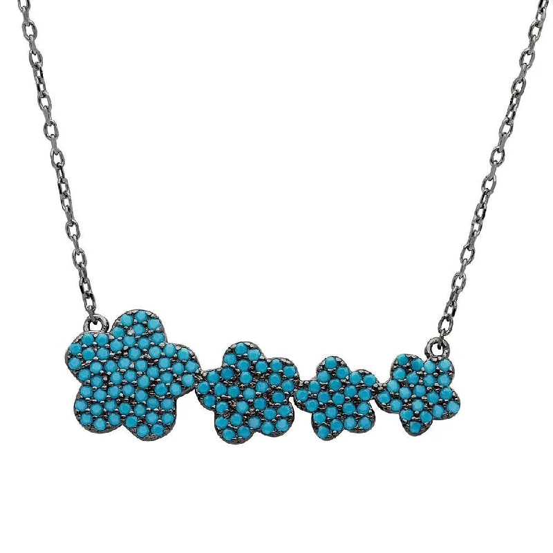 Black Rhodium Plated 925 Sterling Silver 4 Graduated Turquoise Encrusted Flower Necklace - STP01537BP