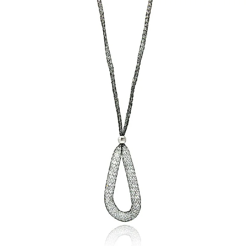 Black Rhodium Plated 925 Sterling Silver Mesh Necklace and Dropped Mesh Teardrop with Filled CZ - ITN00077BLK