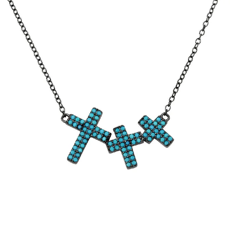 Black Rhodium Plated 925 Sterling Silver Side By Side 3 Crosses Turquoise Stones Necklace - STP01548BLK