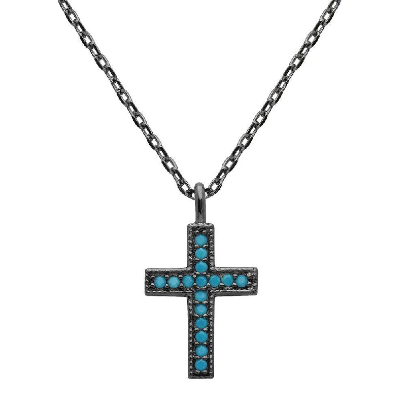 Black Rhodium Plated 925 Sterling Silver Turquoise Stone Cross Necklace - STP01539BP