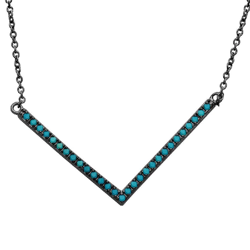 Black Rhodium 925 Sterling Silver  Wide V Shape Turquoise Encrusted Necklace - STP01546BP