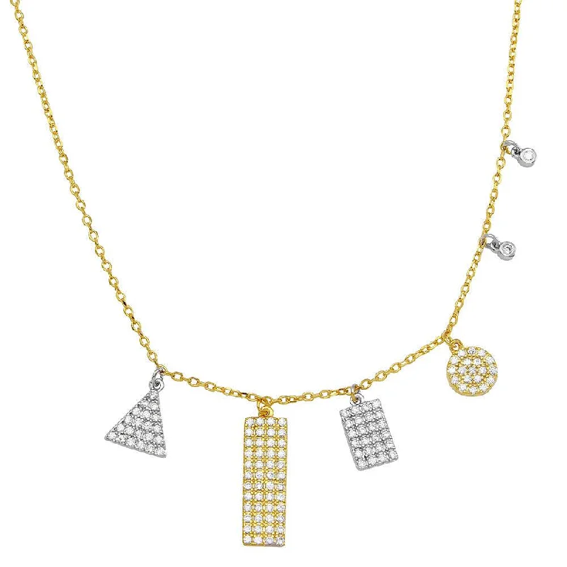 Gold Plated 925 Sterling Silver Multi Shape Two-Tone CZ Encrusted Charm Necklace - BGP01150