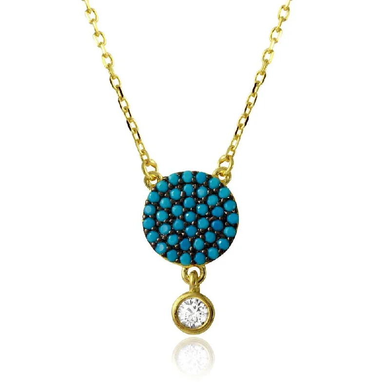 Gold Plated 925 Sterling Silver Circle Turquoise Bead Necklace with Dangling Round CZ - BGP01207