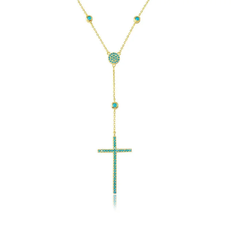 Silver 925 Gold Plated Cross Necklace with Synthetic Turquoise Stones - STP01513GP