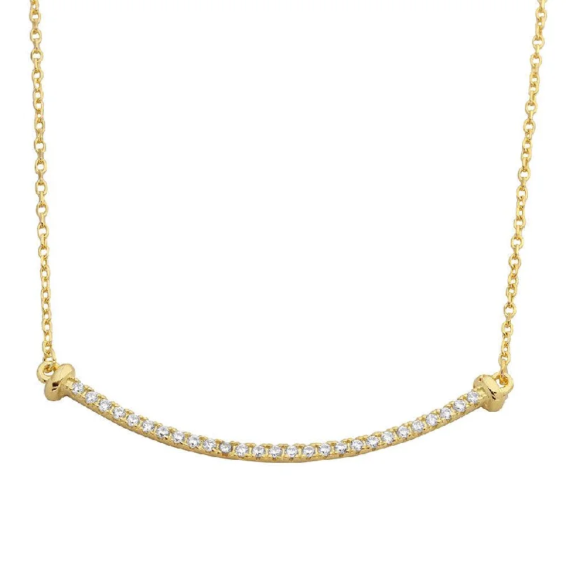 Gold Plated 925 Sterling Silver Curved CZ Bar Necklace - BGP01103GP