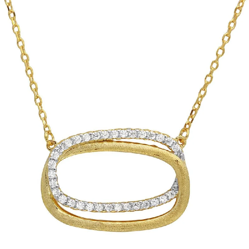 Gold Plated 925 Sterling Silver Double CZ Open Oval Necklace - BGP01136