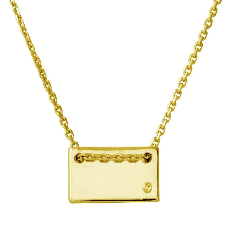 Gold Plated 925 Sterling Silver Engravable Small Rectangle Shaped Necklace with CZ - DIN00077GP