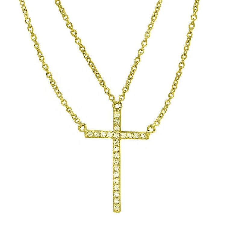 Gold Plated 925 Sterling Silver Multi Chain CZ Cross Necklace - STP01522GP