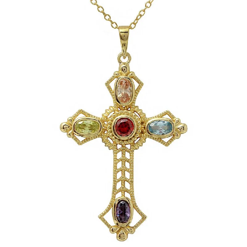 Gold Plated 925 Sterling Silver Multi Color CZ Cross Necklace - BGP01134