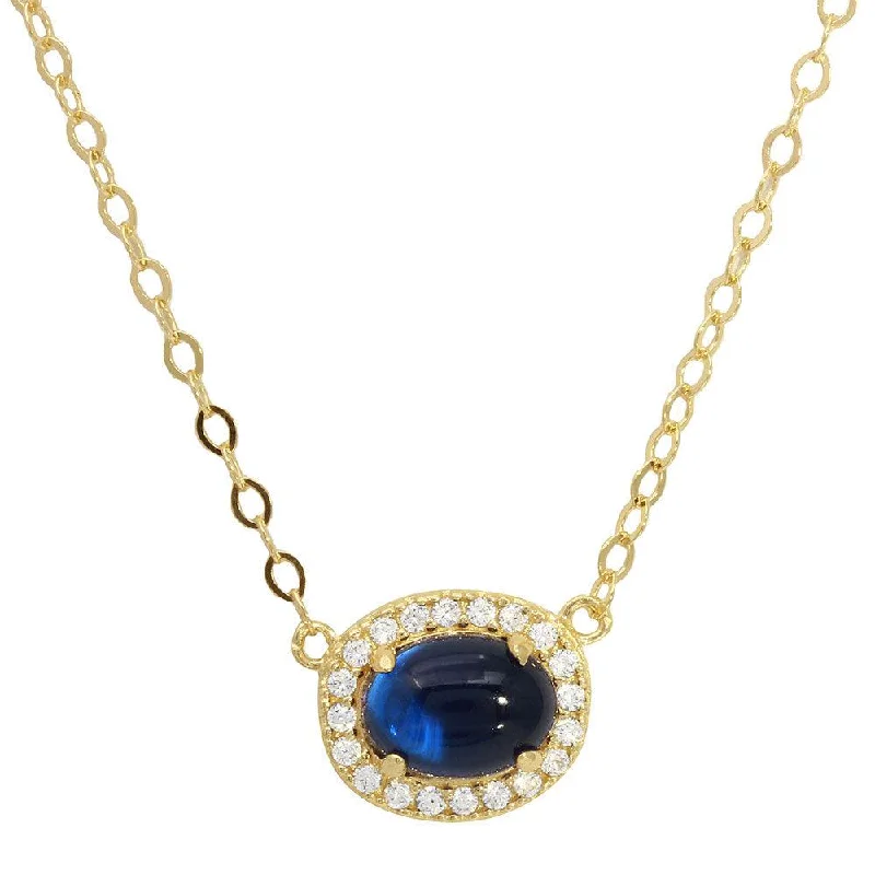 Gold Plated 925 Sterling Silver Oval Halo CZ Pendant Blue Center Stone Necklace - GMN00022GP-SEP