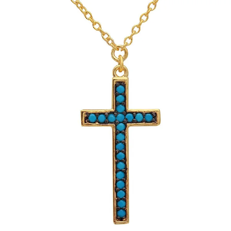 Silver 925 Gold Plated Turquoise Stone Cross Necklace - BGP01109