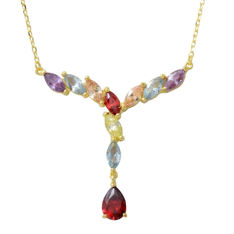 Gold Plated 925 Sterling Silver V Shaped Multi-Color Marquise CZ Necklace with Dangling Pearl CZ - BGP01185