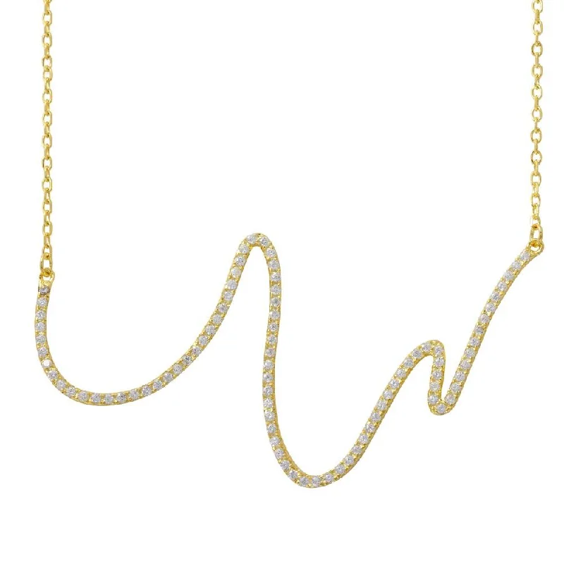 Gold Plated 925 Sterling Silver Wave Design with CZ Necklace - BGP01161GP