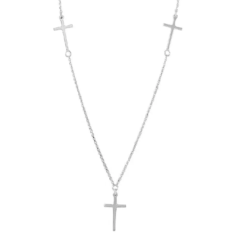 Silver 925 Rhodium Plated 3 Crosses Necklace - DIN00046RH