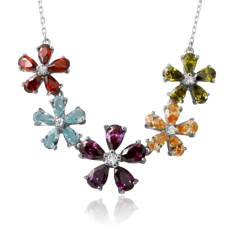 Rhodium Plated 925 Sterling Silver 5 Multi Color CZ Flower Necklace - BGP01212