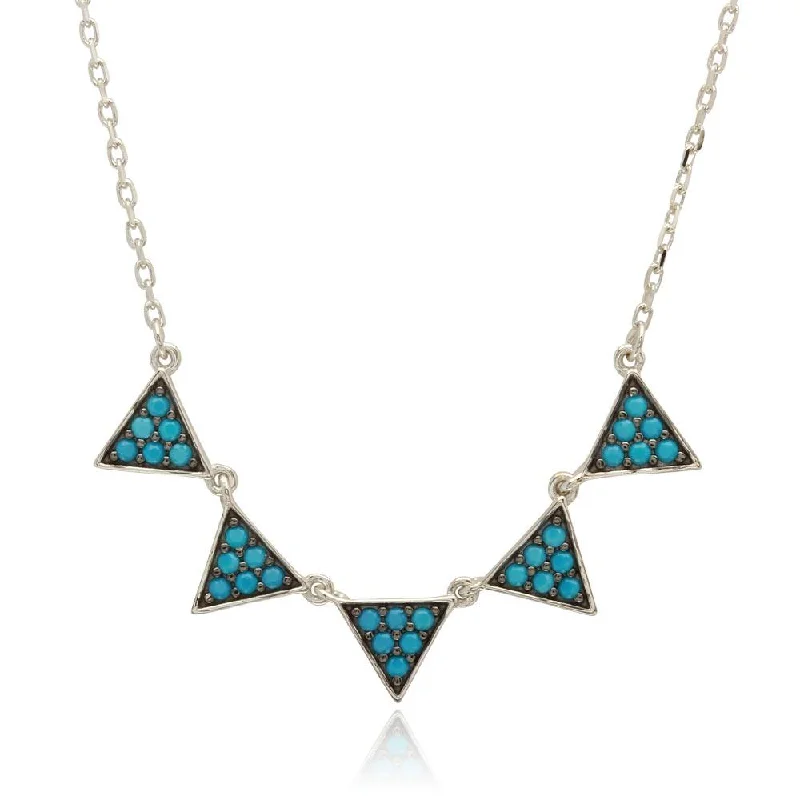 Rhodium Plated 925 Sterling Silver 5 Triangles with Turquoise Bead Necklace - BGP01210