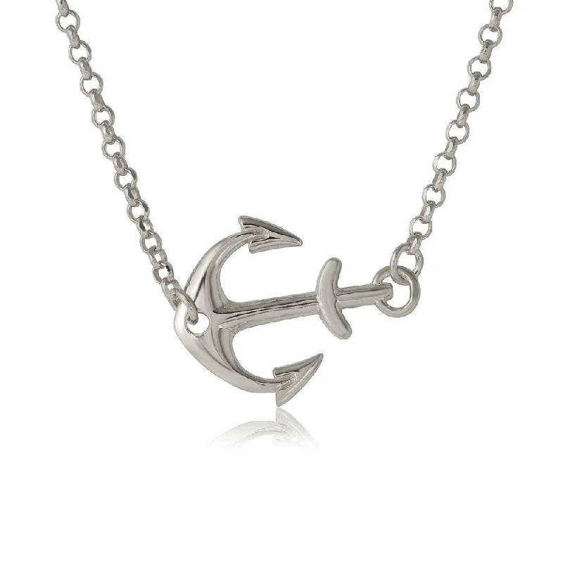 Silver 925 Rhodium Plated Anchor Necklace - ARN00024RH