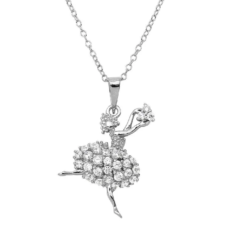 Rhodium Plated 925 Sterling Silver Ballerina CZ Necklace - BGP01153