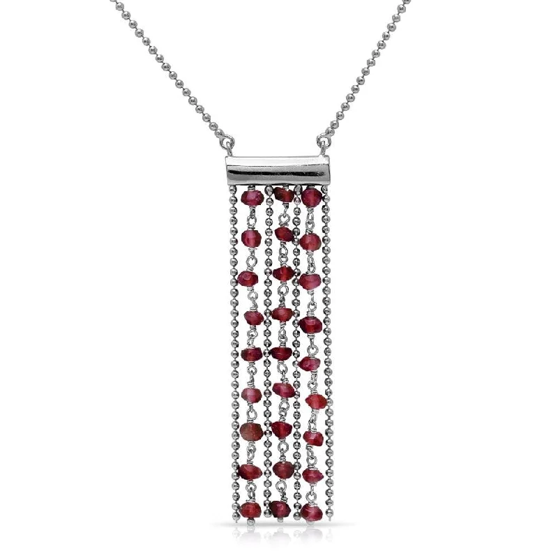 Rhodium Plated 925 Sterling Silver Bead Chain Necklace with Dropped Dark Red Beads - DIN00069RH-GR