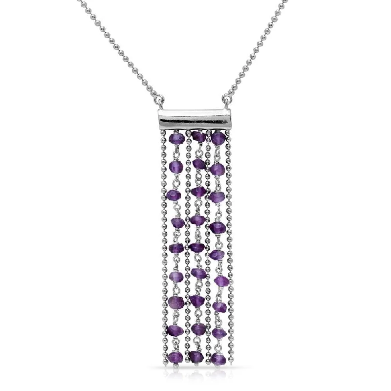 Rhodium Plated 925 Sterling Silver Bead Chain Necklace with Dropped Purple Beads - DIN00069RH-AM