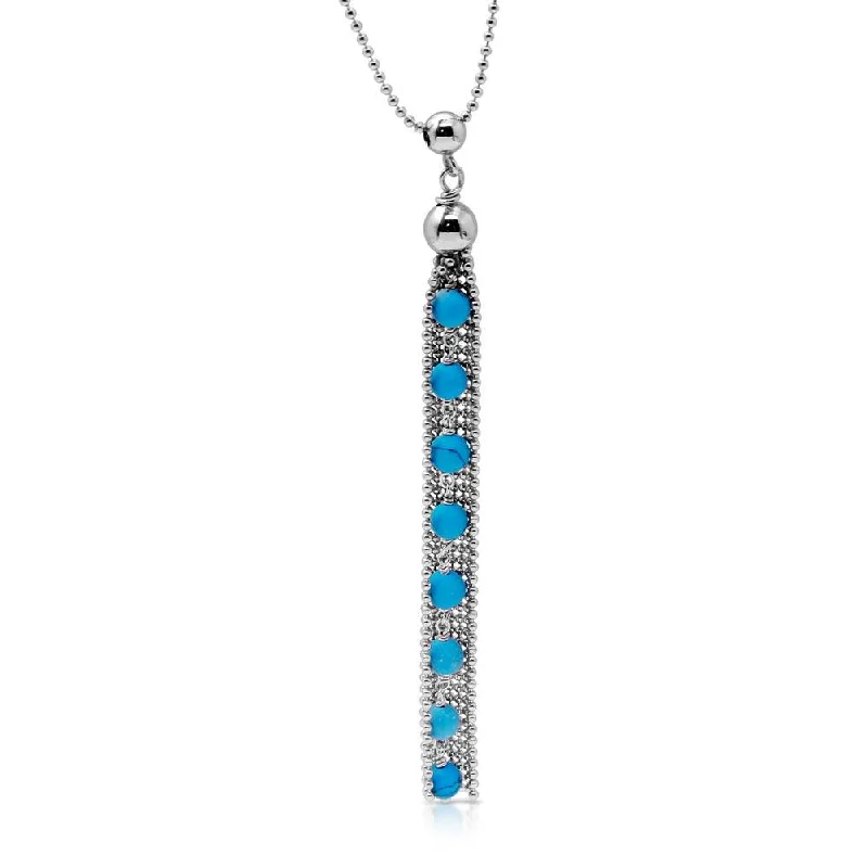 Rhodium Plated 925 Sterling Silver Bead Chain with Dropped Turquoise Bead Necklace - DIN00068RH-TQ