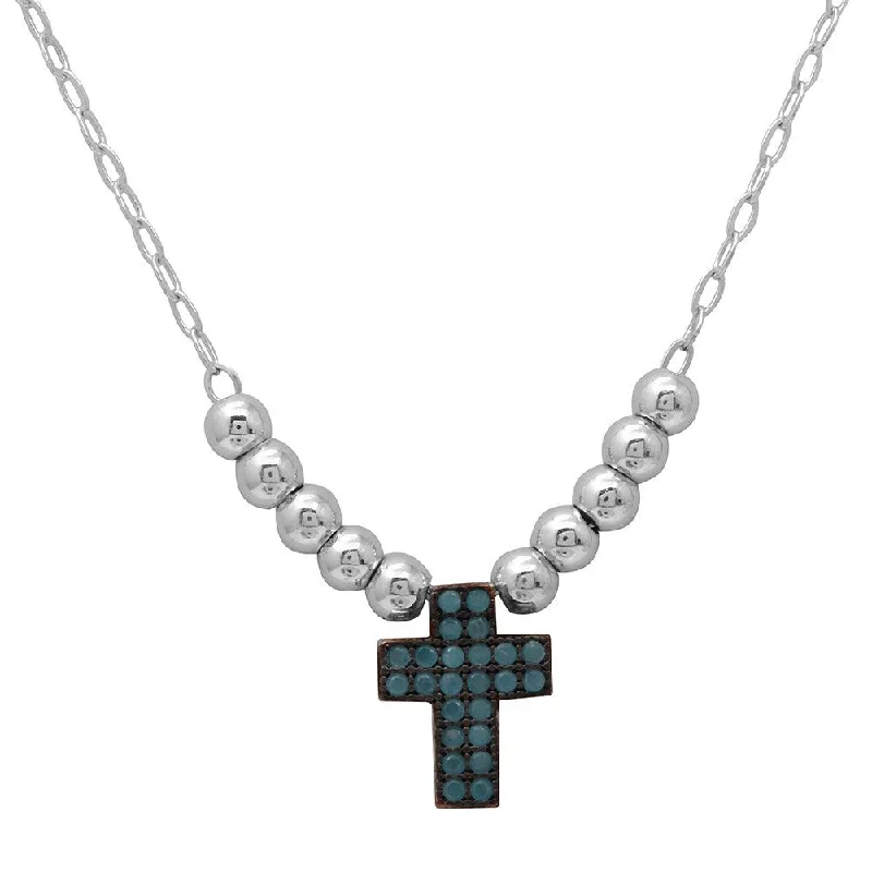 Rhodium Plated 925 Sterling Silver Beaded Necklace with Turquoise Stone Cross - GMN00025RB