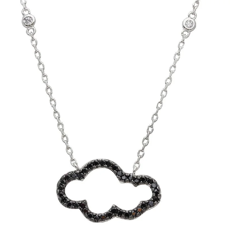 Rhodium Plated 925 Sterling Silver Black CZ Encrusted Open Cloud Necklace - STP01528BLK