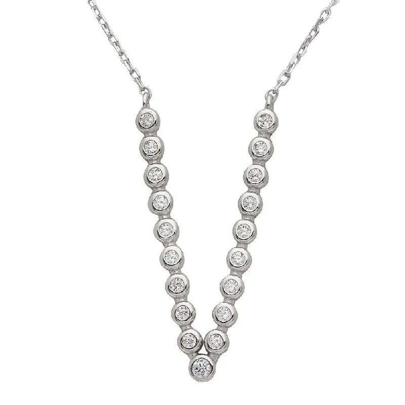 Rhodium Plated 925 Sterling Silver Bubble V Shape CZ Necklace - STP01533