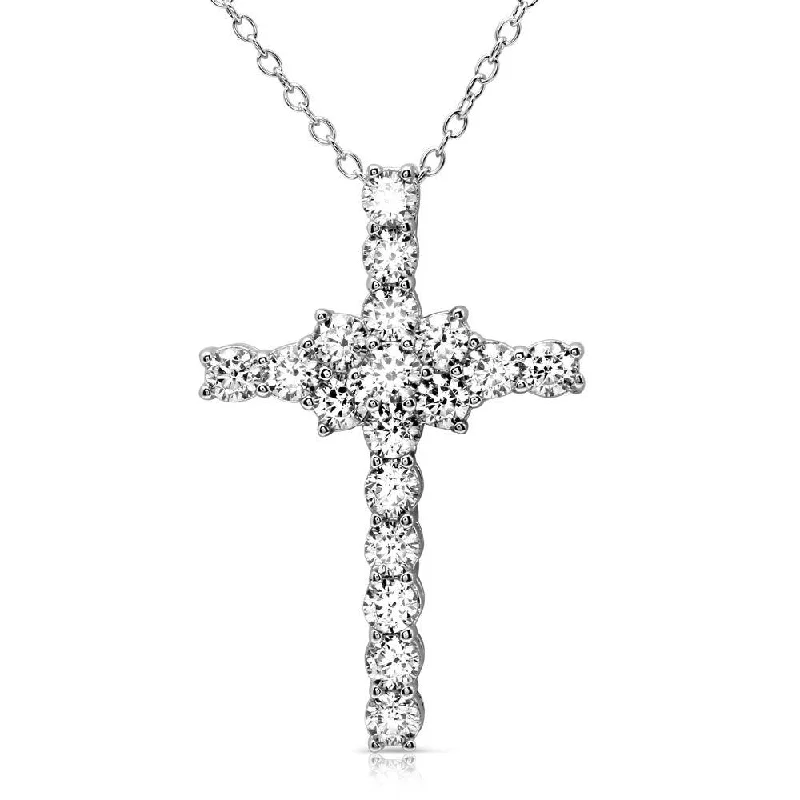 Rhodium Plated 925 Sterling Silver Cross Necklace with Round CZ - BGP01165