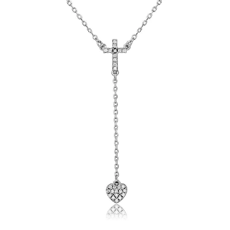 Silver 925 Rhodium Plated Cross with Hanging Heart Necklace - BGP01105