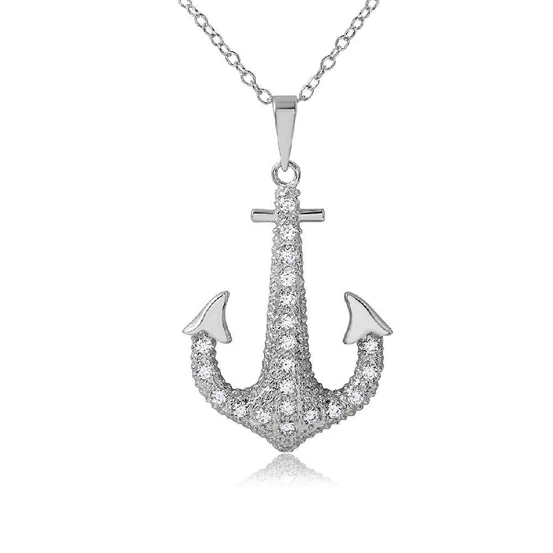 Silver 925 Rhodium Plated CZ Anchor Necklace - BGP01094