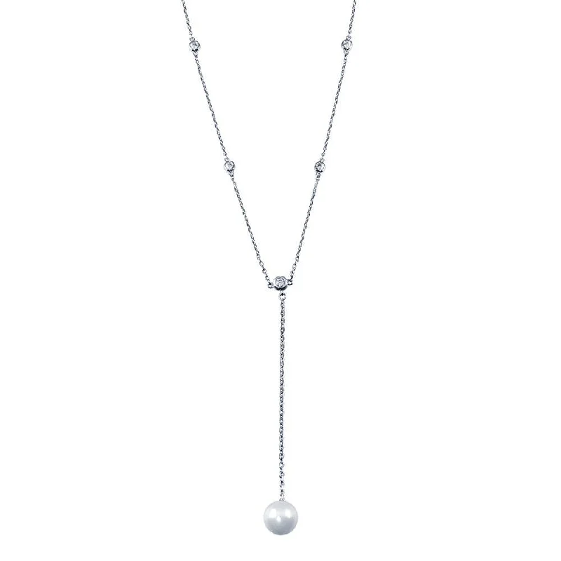 Rhodium Plated 925 Sterling Silver CZ By The Yard Necklace with drop Mother of Pearl - GMN00103