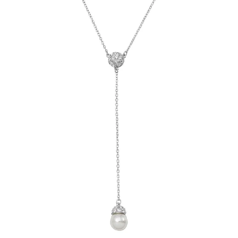 Rhodium Plated 925 Sterling Silver CZ Drop Synthetic Pearl Necklace - BGP01132