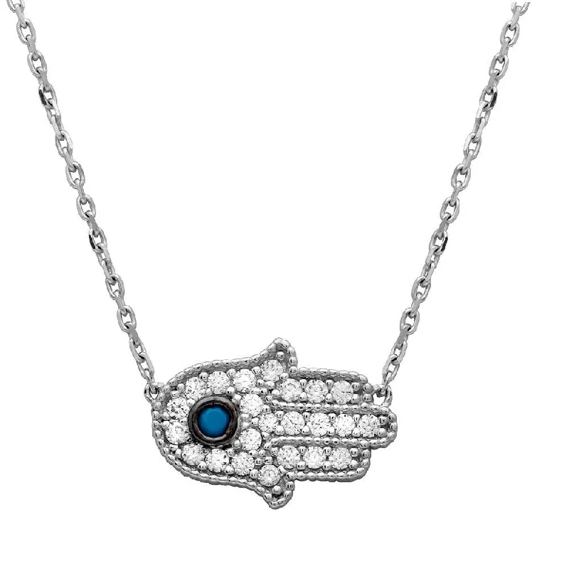 Silver 925 Rhodium Plated CZ Encrusted Hamsa Necklace with Turquoise Stone - GMN00016RH