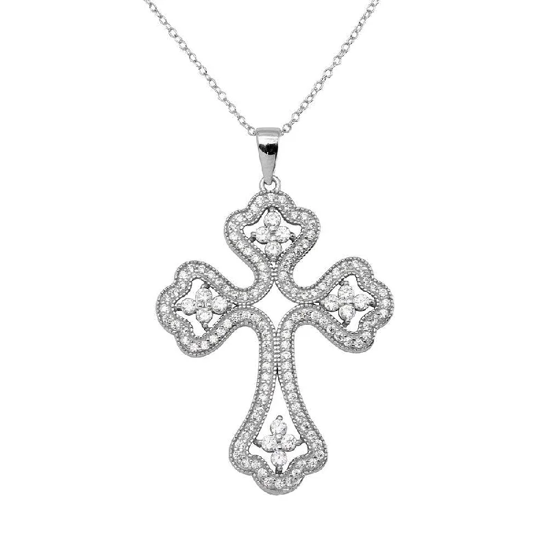 Rhodium Plated 925 Sterling Silver CZ Encrusted Open Cross Necklace - BGP01141CLR