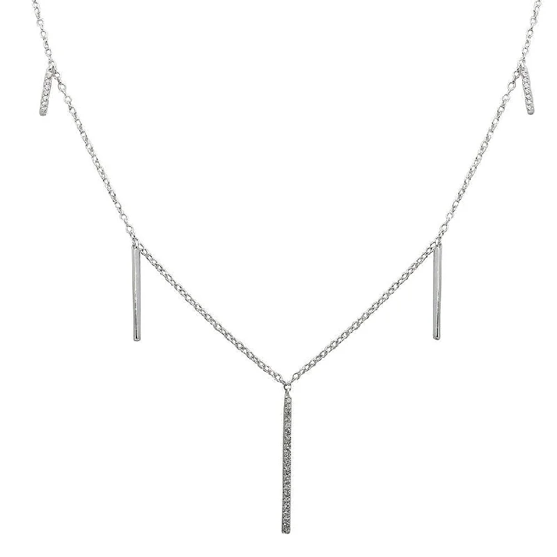 Rhodium Plated 925 Sterling Silver CZ Hanging Bars Necklace - STP01534