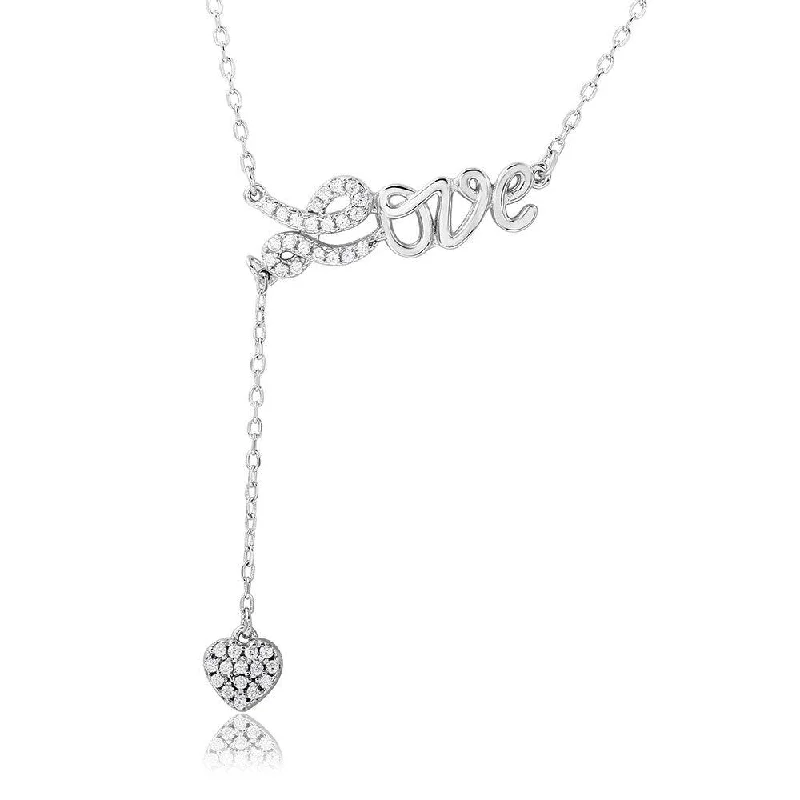 Silver 925 Rhodium Plated CZ Love with Hanging Heart Necklace - BGP01107