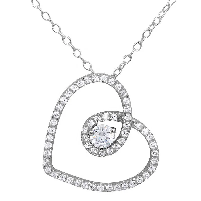 Silver 925 Rhodium Plated CZ Open Script Heart Necklace - BGP01122