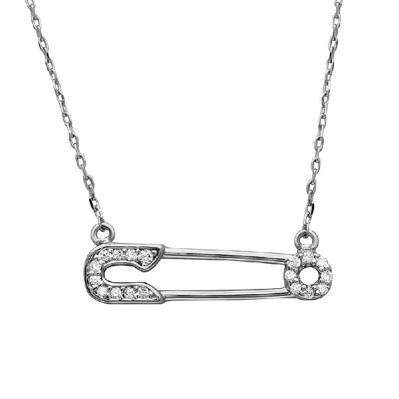 Silver 925 Rhodium Plated CZ Safety Pin Necklace - GMN00008RH